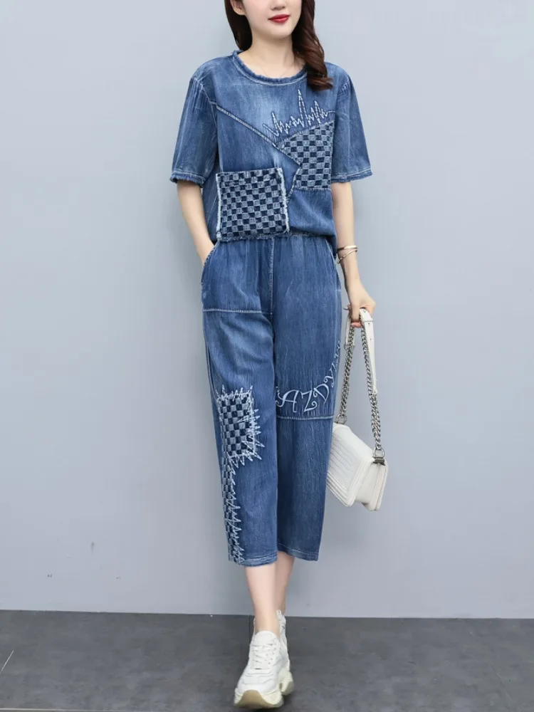 2025 Summer Women Embroidered Mosaic Lattice Denim Two-Piece Suit Fashion Sportswear Female Casual Loose 2 Piece Set Ladies