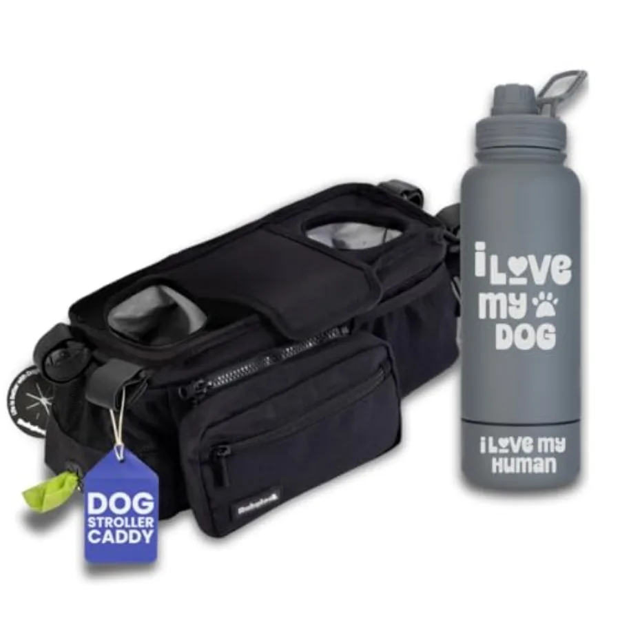 

Dog Stroller Caddy Organizer 32 oz Insulated Water Bottle with Attached 8 oz Bowl I Love My Dog Stroller Organizer Hydration Se