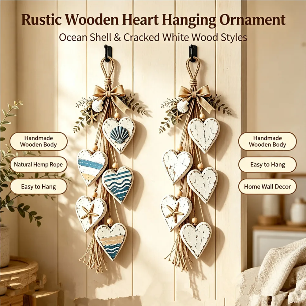 Wooden Heart Wall Hanging Decor Rustic Farmhouse Hanging Heart Decor with 5 Layer Wooden Hearts Vintage Crackled Paint Hanging