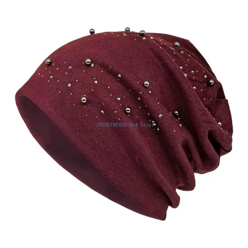 340D Breathable Skull Cap with Hot Drilling Design Slouch Hat for Lady Everyday Wear