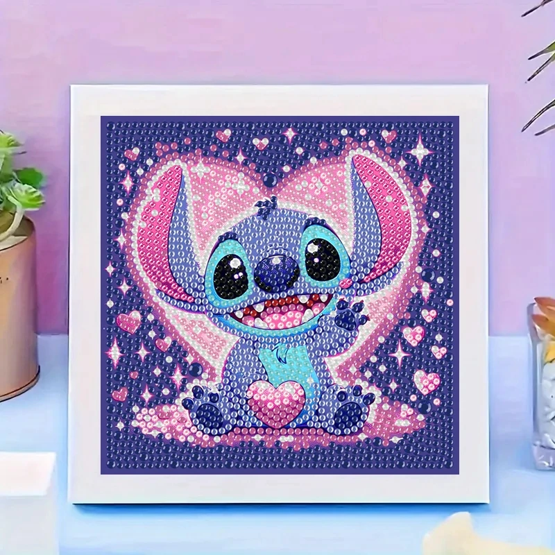 Lindo Lilo y Stitch de dibujos animados con corazón rosa, pintura de diamante de cristal especial, taladros de gemas grandes, mosaico de punto de cruz, regalo para niños