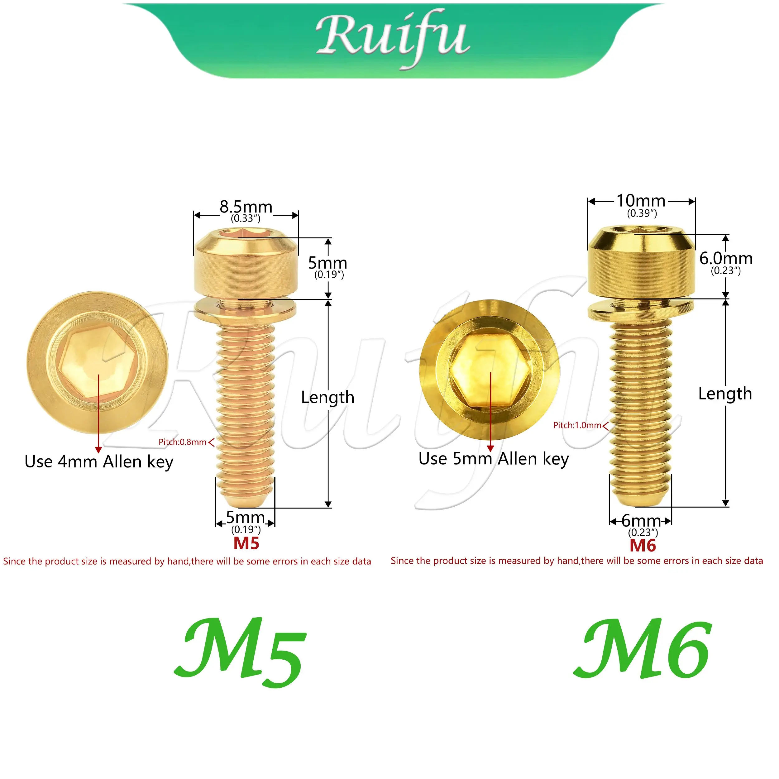Ruifu  Titanium Bolt   M5 M6 x 16/18/20/25/30/35mm with Washers for Bicycle Disc Brake Stem ClampHex Head with Washer Bicycle