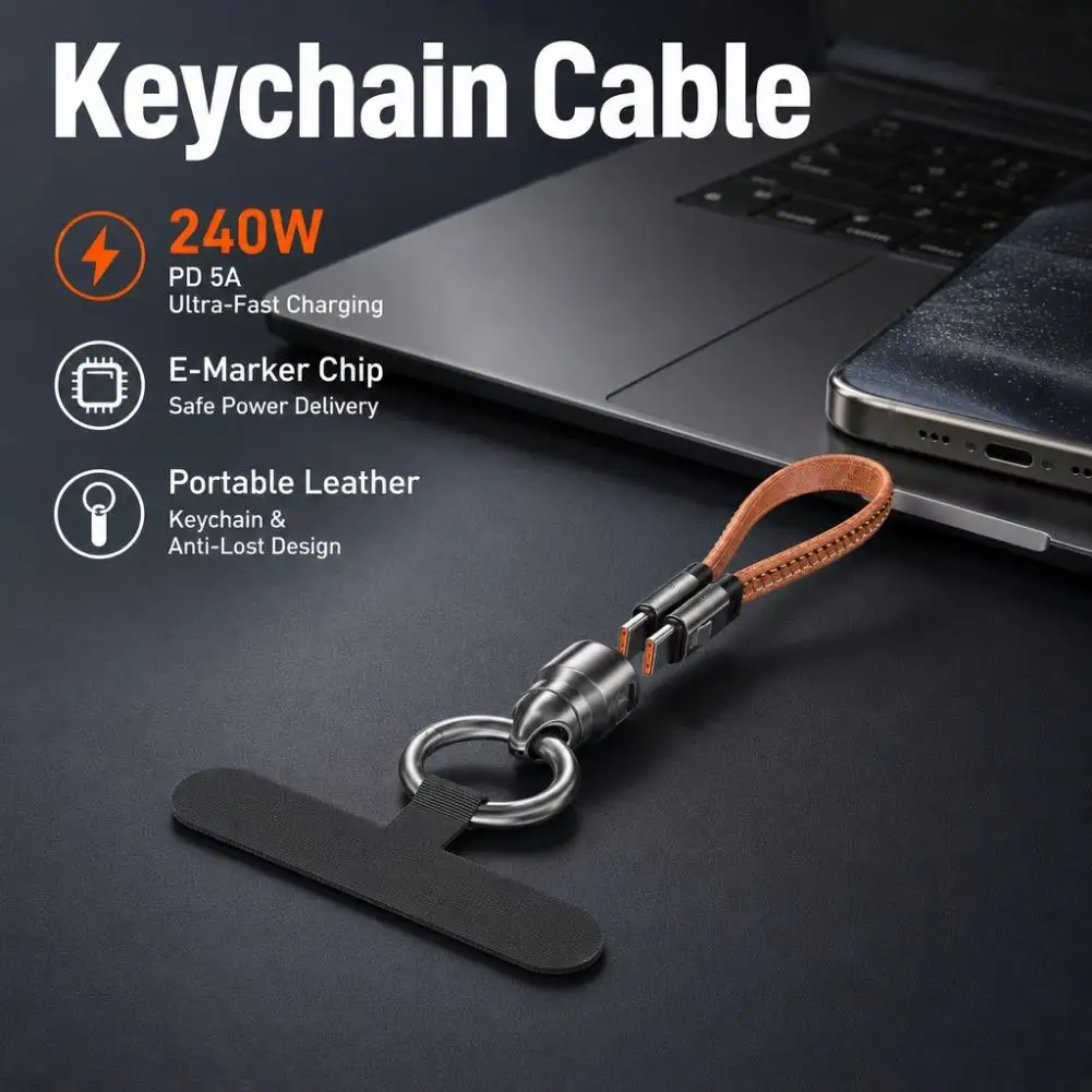 240W Short Strap Data Cable with Leather Keychain for Dual Type-C Ports PD Fast Charging for iPhone Portable Data Cable Keychai