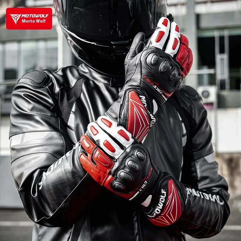 Motorcycle Riding Gloves, Carbon Fiber Racing Protective Gloves, Leather Long Winter Warm Riding moto Gloves