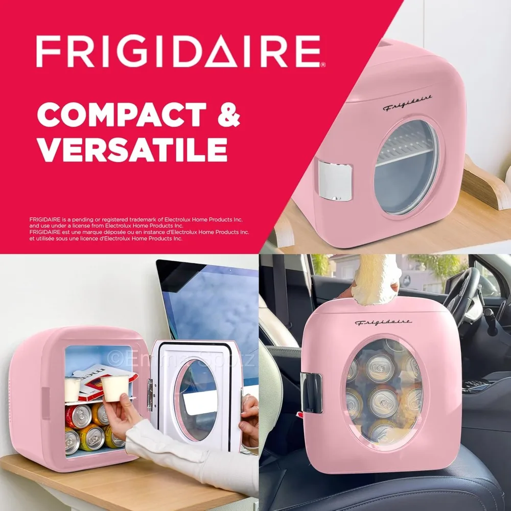 FRIGIDAIRE EFMIS462PINKCP2 Retro 12-Can Mini Personal Fridge Portable Cooler for Car, Office, Bedroom, Dorm Room, or Cabin