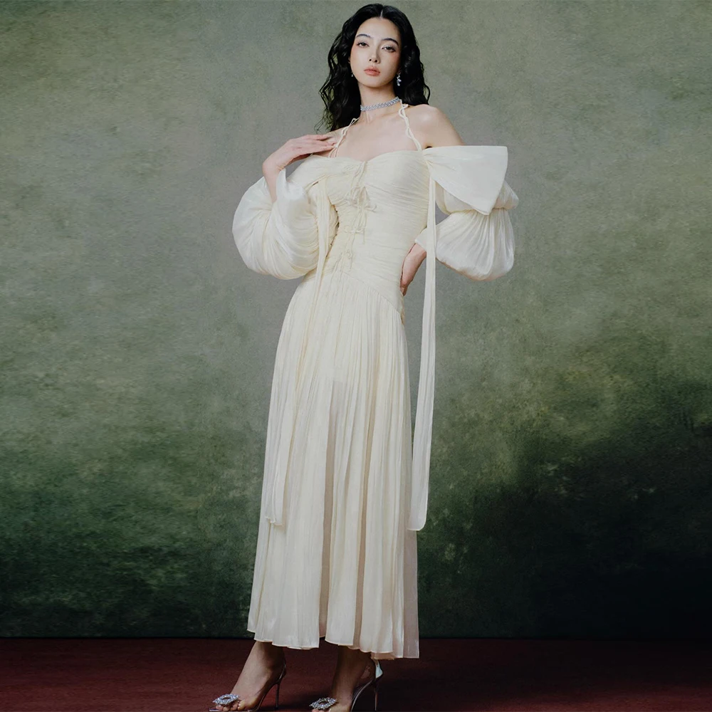 

Luxury Chiffon Evening Dress Temperament Halter Puff Sleeves Homecoming Dresses Fashion Bow Customized Celebrity Gowns