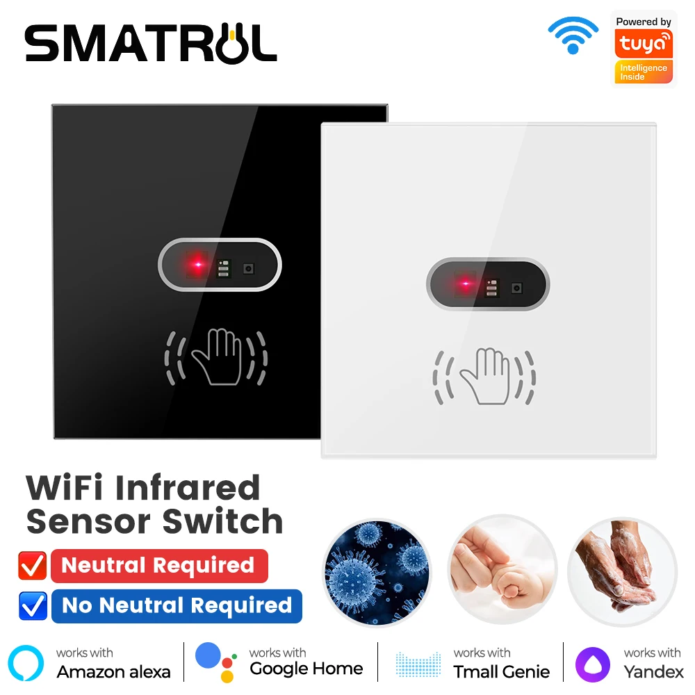 SMATRUL Tuya Eu UK WiFi Hand Wave Switch Smart Wall Light Touch IR Sensor Single Live Neutral Wire Alexa Google Home