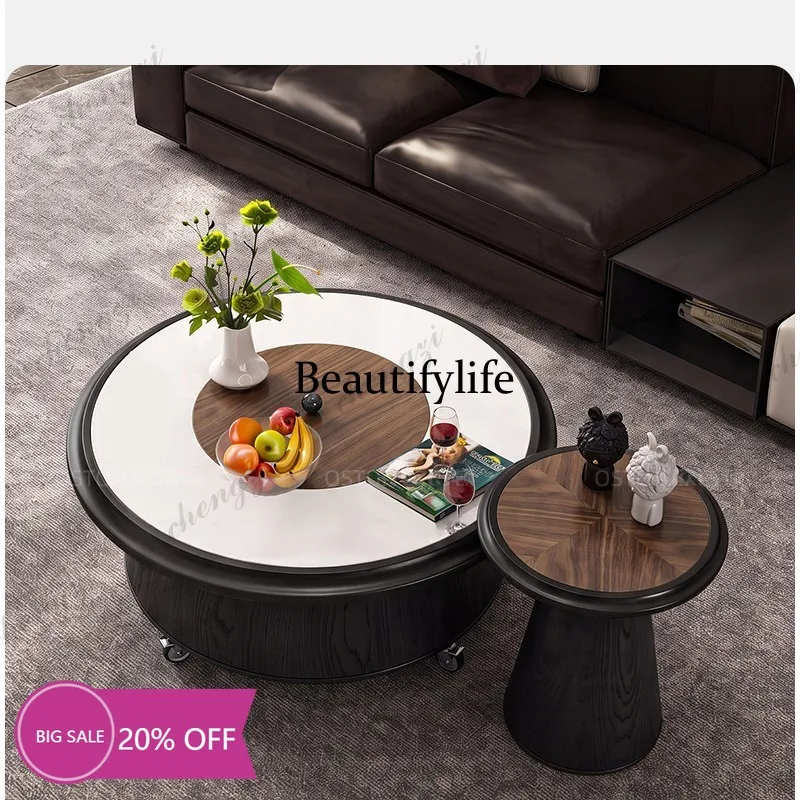 MM02 Medieval natural microcrystalline stone round coffee table movable with storage size round table living room