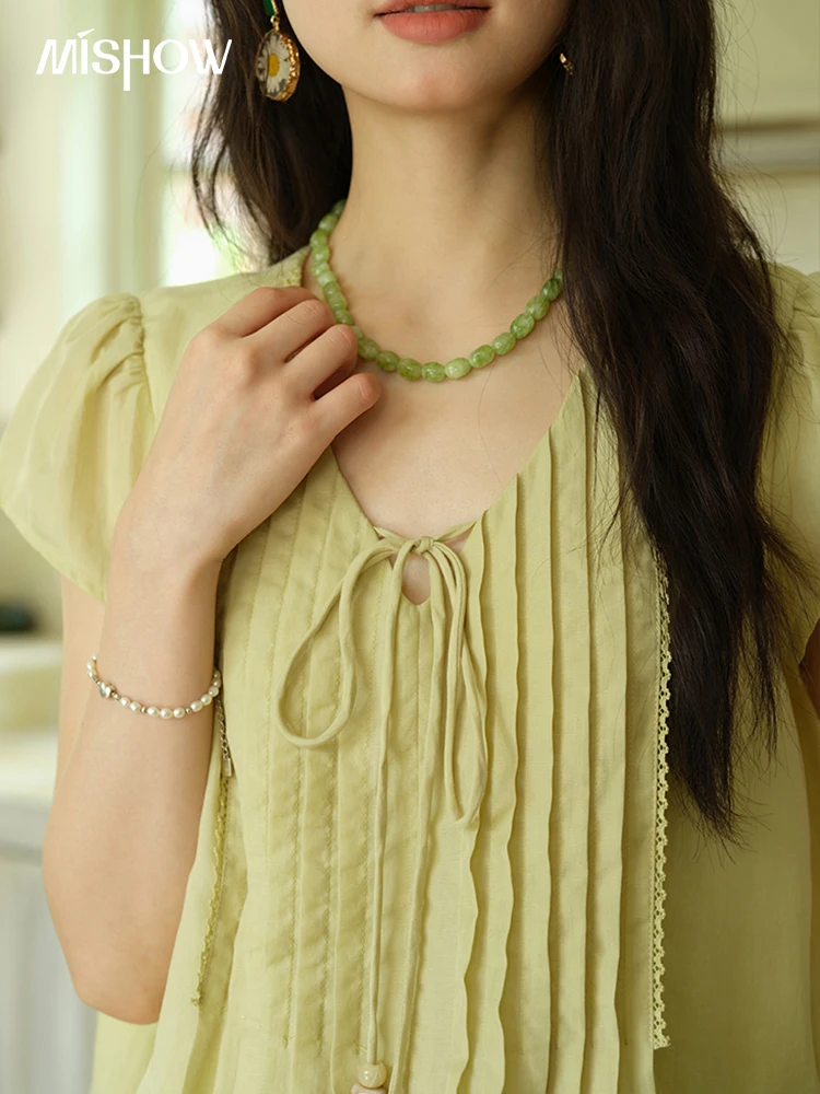MISHOW Fashion V-neck Lace Up Blouses for Woman 2025 Summer New Flying Sleeve Lace Spliced Loose Top Female Clothing MXE37X1855