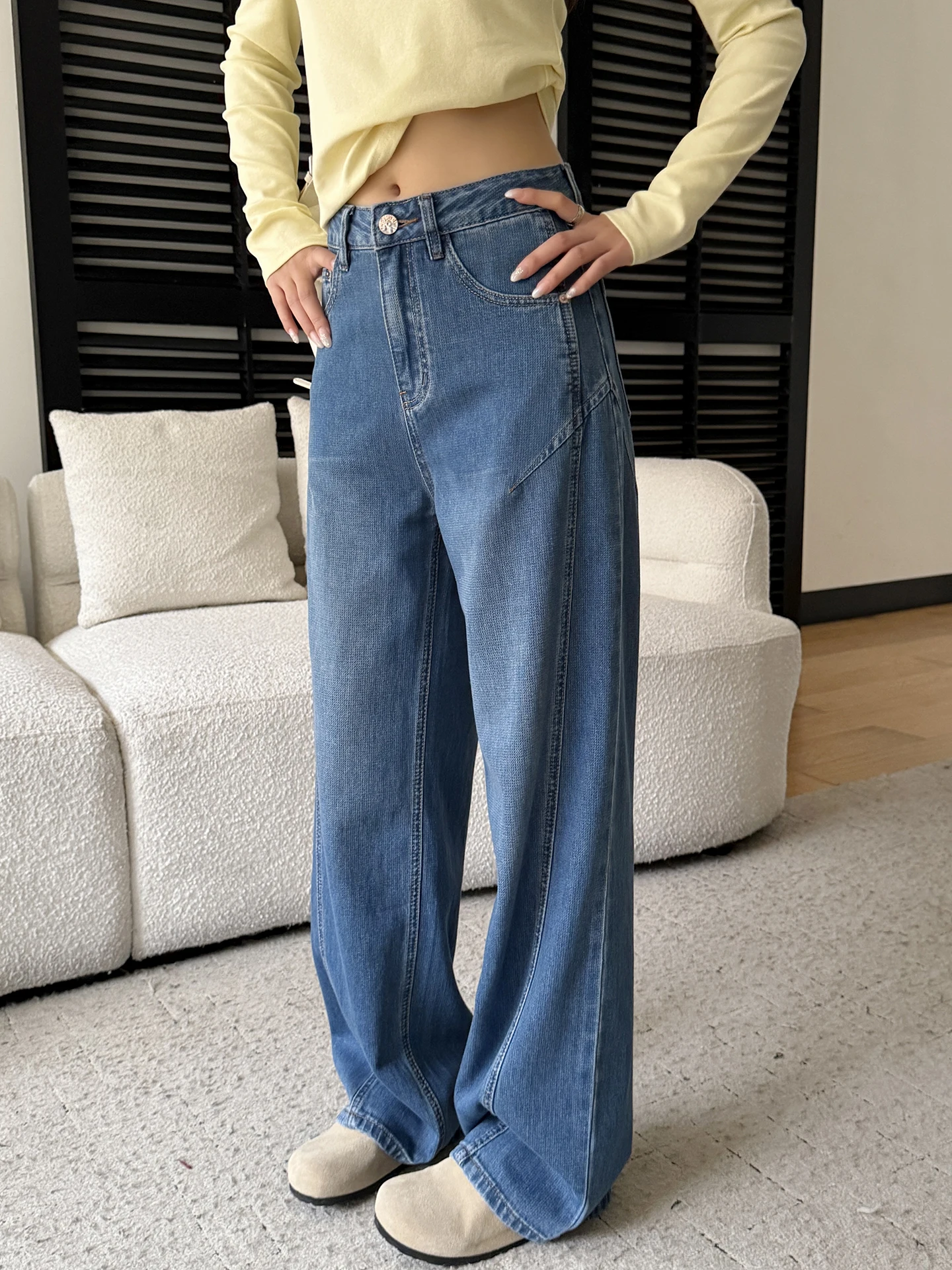 

Синие прямые широкие джинсы для женщин, новинка весенней коллекции, свободный крой, брюки в пол, с эффектом похудения, современный стиль, высокая талия