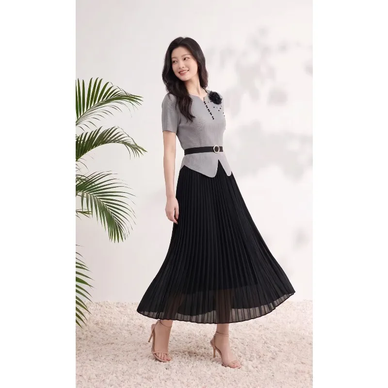 

Miyake Pleated Fake Two-Piece Dresses Plisse 2026 Summer New Floral Beaded Pleats Tie Waist French Elegant Dress Women Clothing