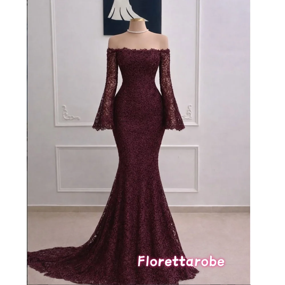 

Customized Luxury Lace Evening Dresses Off-the-shoulder Sequined Mermaid Prom Gown Sexy Long Sleeves Long With Train Party Dress