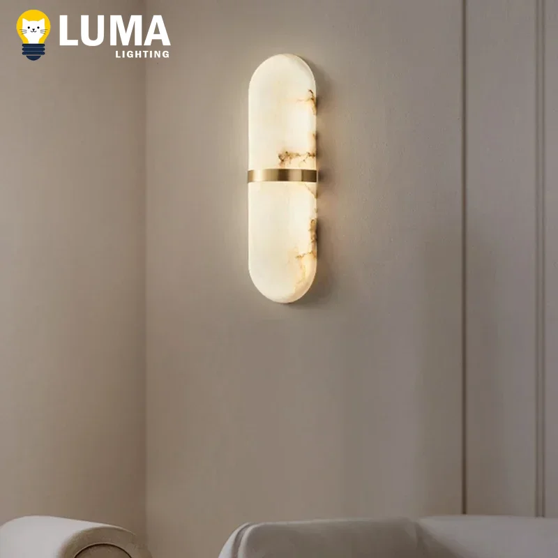Modern Alabaster Marble Wall Light Copper Body Luxury Spanish Marble Stone Wall Sconce for Bedroom Bedside Copper Gold Stone