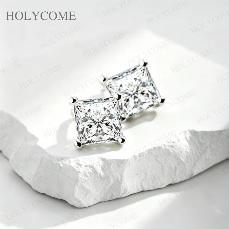 Moissanit-Diamant-Ohrringe, Princess-Schliff, D-Farbe, VVS1, 925 Sterling Silber Ohrstecker für Damen, Modeschmuck Geschenk – Detail 6