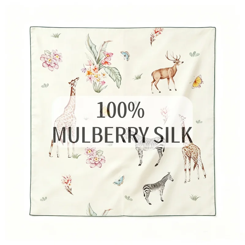 Luxury 100% Mulberry Silk Square Scarf Vintage Soft Giraffe Zebra Deer Print Neck Wrap Headscarf Bag Decor Ladies Daily Present
