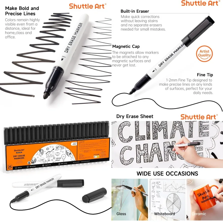 

25 Pack Fine Point Dry Erase Markers Black Magnetic Whiteboard Markers with Erase for Use on Dry-Erase Whiteboards Mirrors and