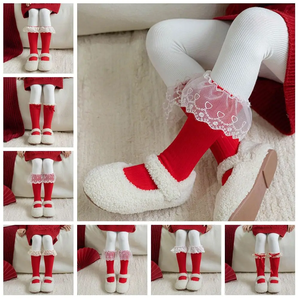 Comfortable Female Hosiery New Year Red Socks Cotton Lace Children Red Socks Bow Middle Tube Socks Autumn