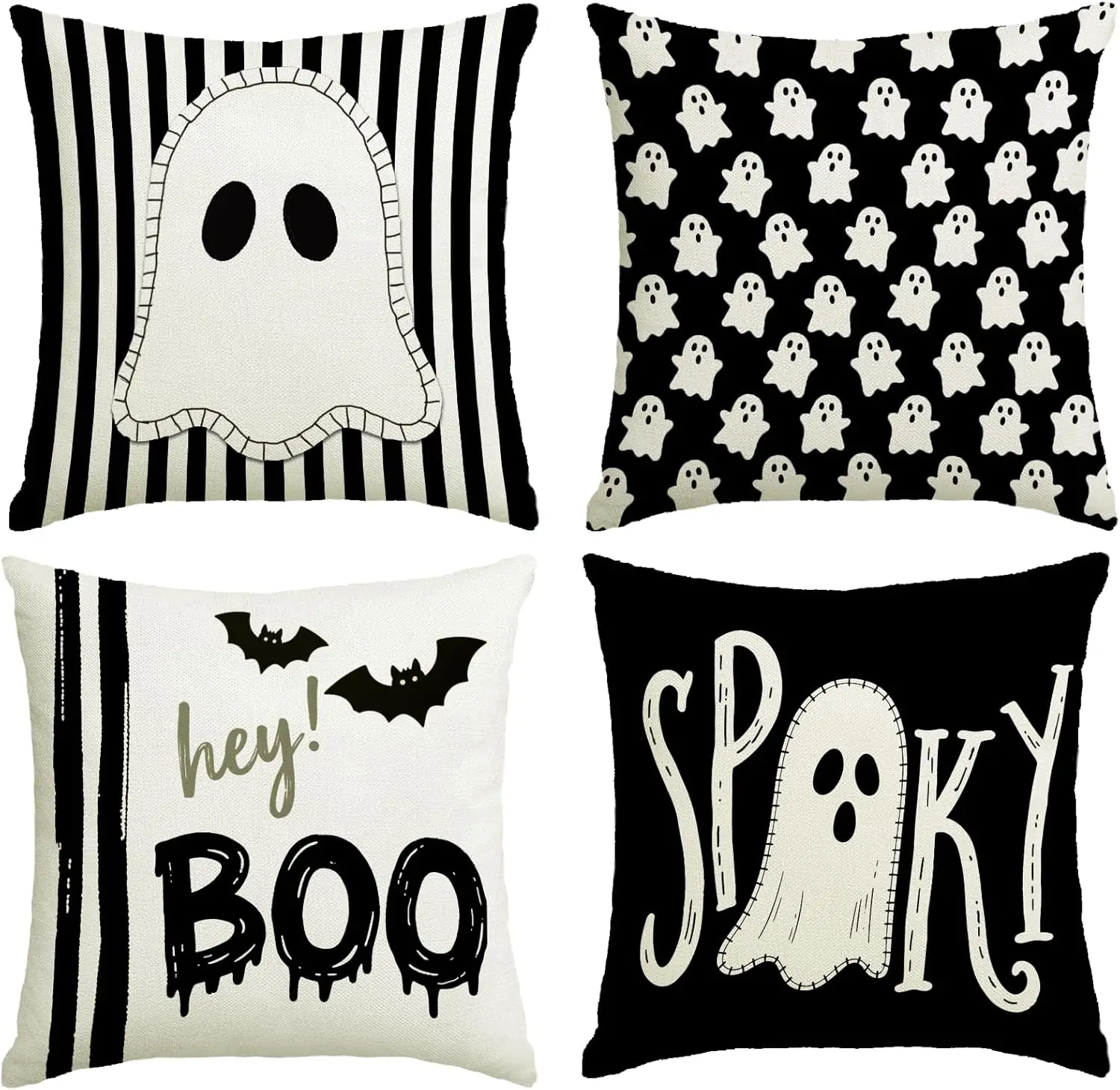 Halloween Decor Pillow Covers 18x18 Inch,Set of 4 Halloween Decorations Outdoor Indoor Throw Pillow Covers, Hey Boo Cute Spooky Ghost Black Striped Linen Cushion Case for Home Sofa Couch Bed Chair
