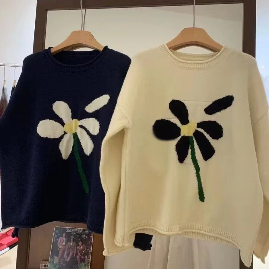 Tops de moda 2025, jerséis para Mujer, ropa de calle de Jacquard Floral, jersey Vintage BF, suéter informal coreano de punto de gran tamaño, suéter para Mujer