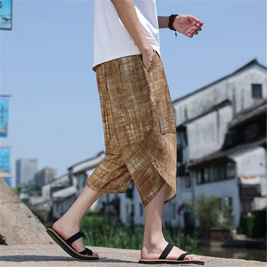 Large Size Harem Shorts Mens Summer Thin Vintage Print Casual Trousers Men Harajuku Chinese Style Baggy Calf Length Pants Male