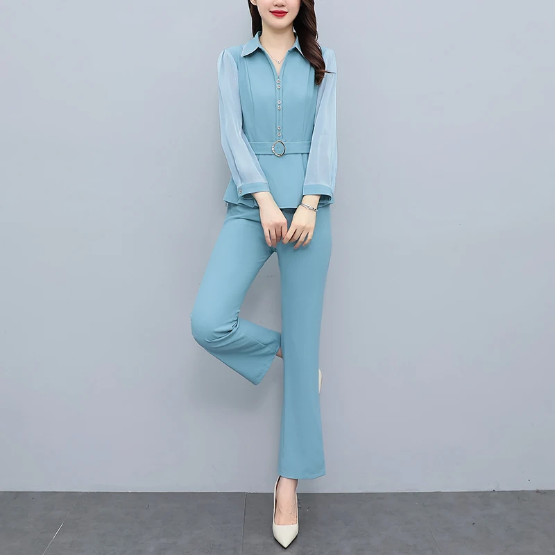 Women Spring Autumn Pants Sets 2023 New Fashion Turn Collar Patchwork Button Ruffles Top Female Elegant 2 Pieces Outfits