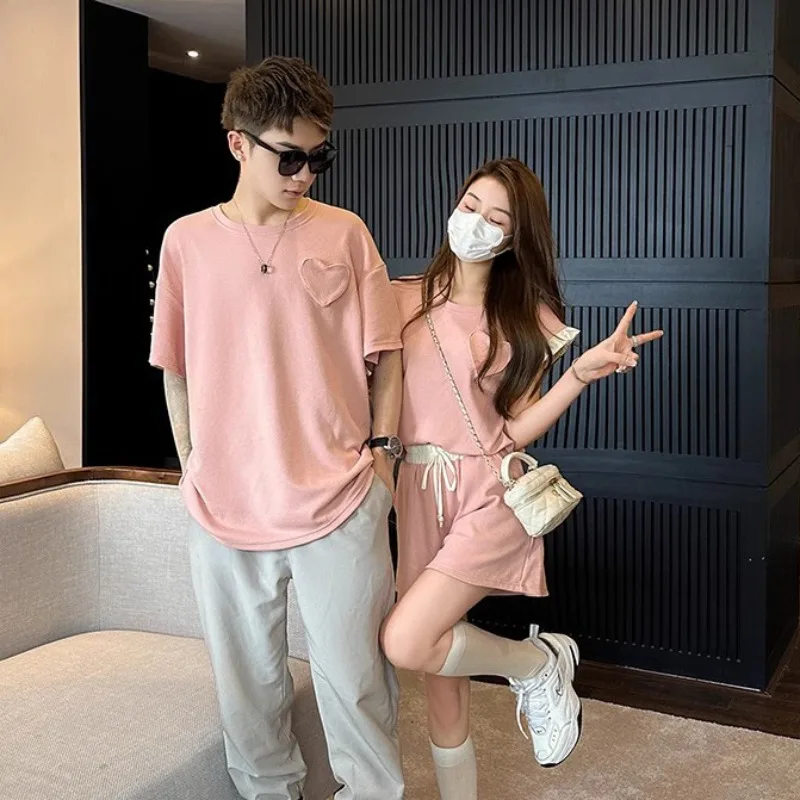 Family Matching Outfit Pink Mother and Daughter Tops + Shorts Two Piece Sets Korean Father and Son T Shirts Baby Hearts Bodysuit