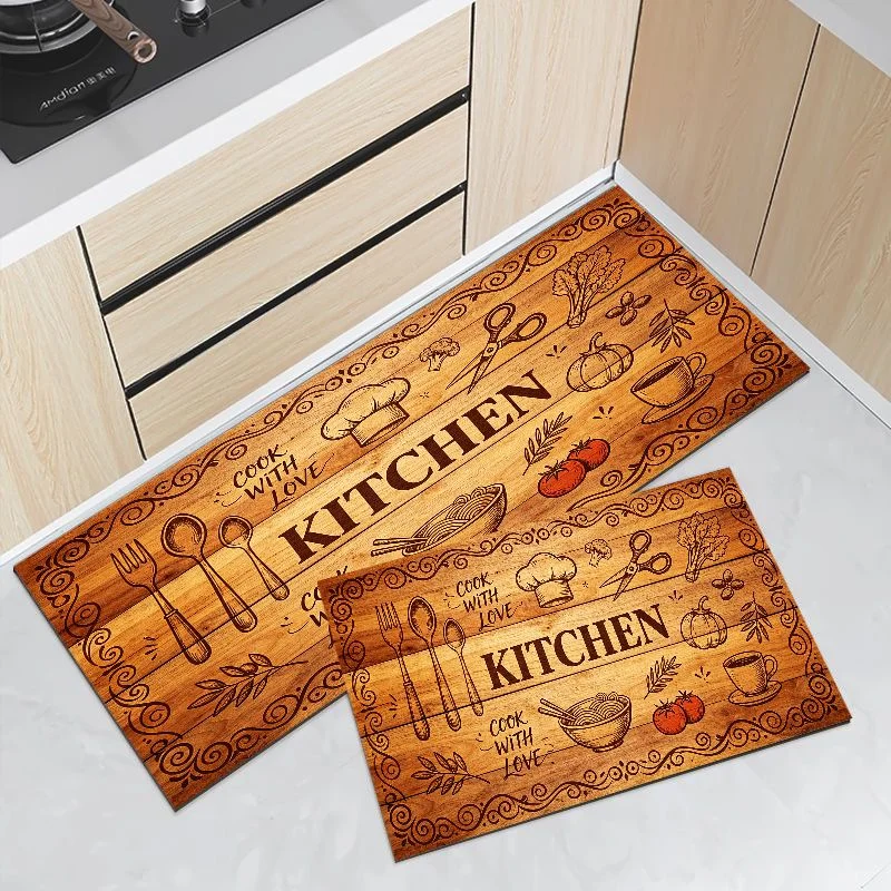 VIKAMA Retro Wood Cook With Love Runner Mat Waterproof Oilproof Non Slip Anti Fatigue Farmhouse Kitchen Floor Rug