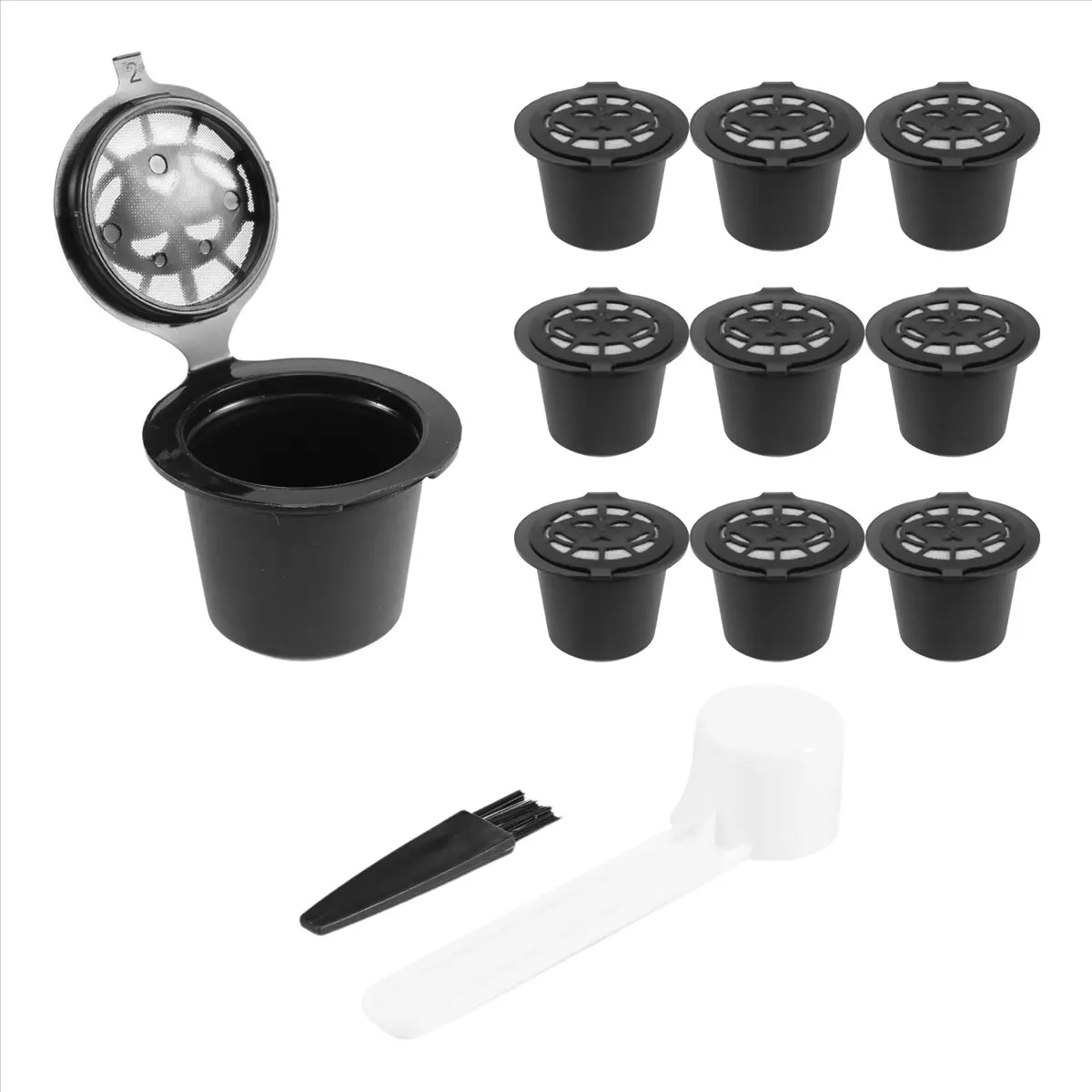 CLIM 10 Pcs Filtros de Cápsula de Café Recarregáveis Reutilizáveis para com Colher Escova Acessórios de Cozinha Filtro de Café Preto
