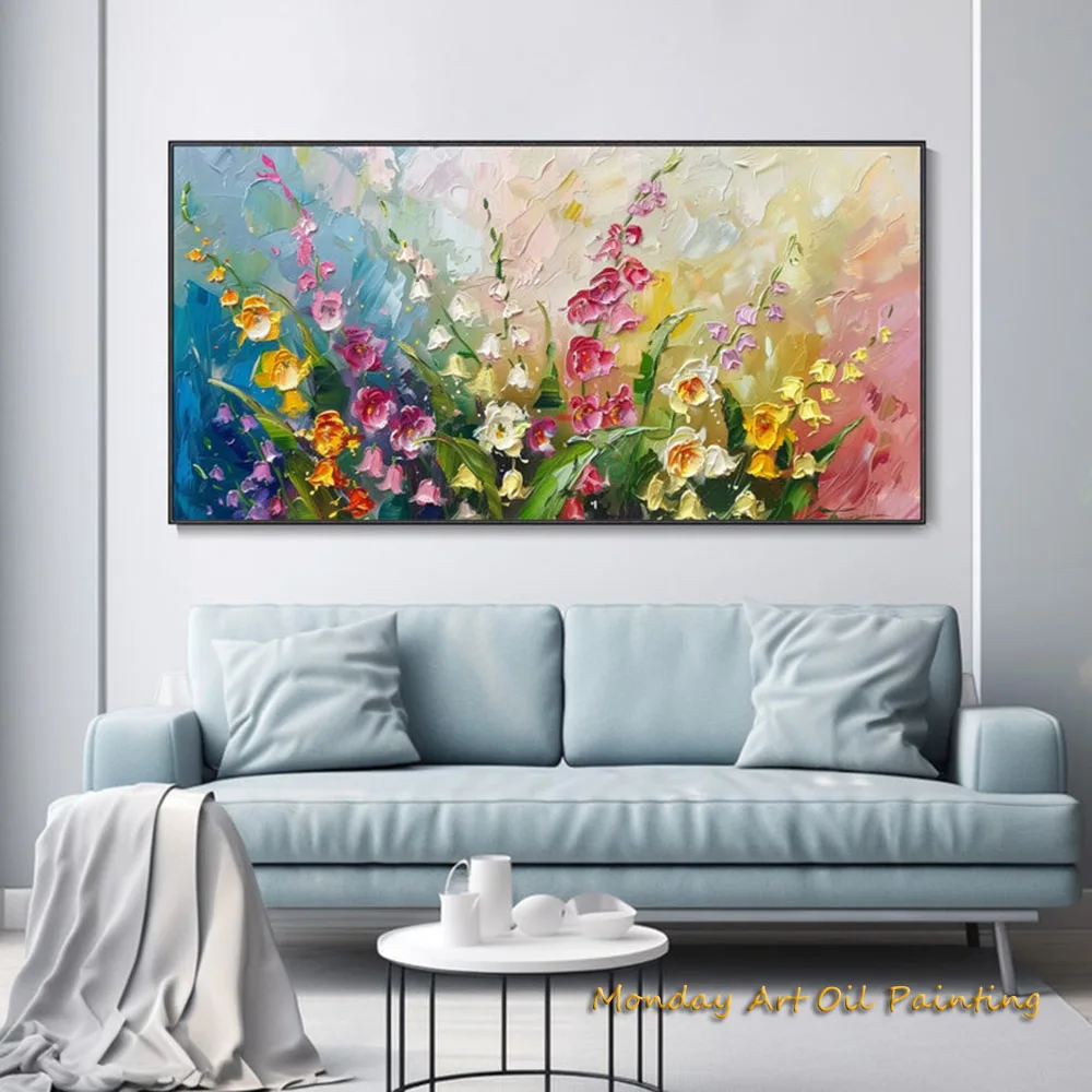 Hand Colorful Flowers Oil Painting Abstract Texture Original Boho Style Decor Bedroom Art Living Room Impressional Home Wall