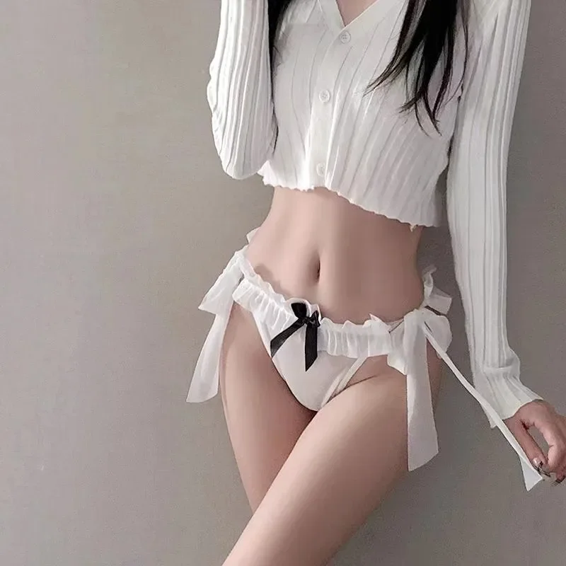 Sweet Japanese Style Underwear Panties Women\'s Sexy Lace Up Penetrating Briefs Young Girl Lolita Bow White Thong Underpants