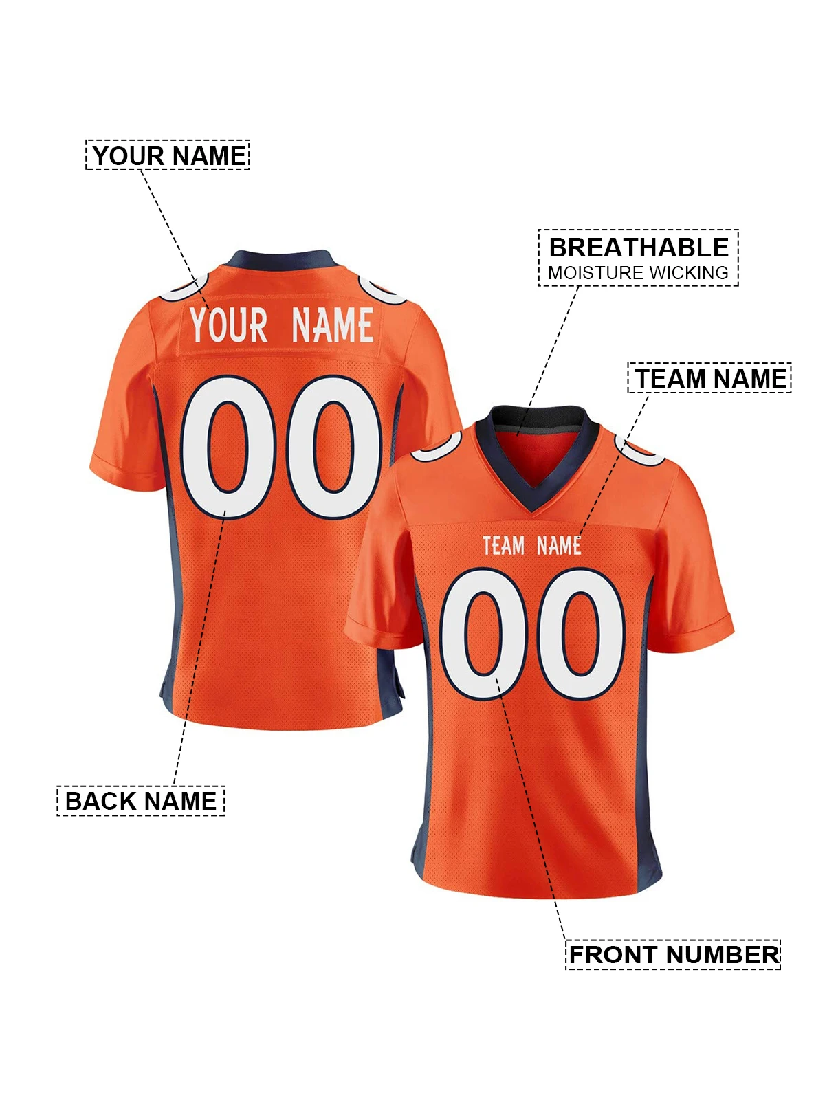 Custom Orange American Football Jersey Sublimation Printed Name Number Team Training Shirt Women Men Youth Kids Fans Gift