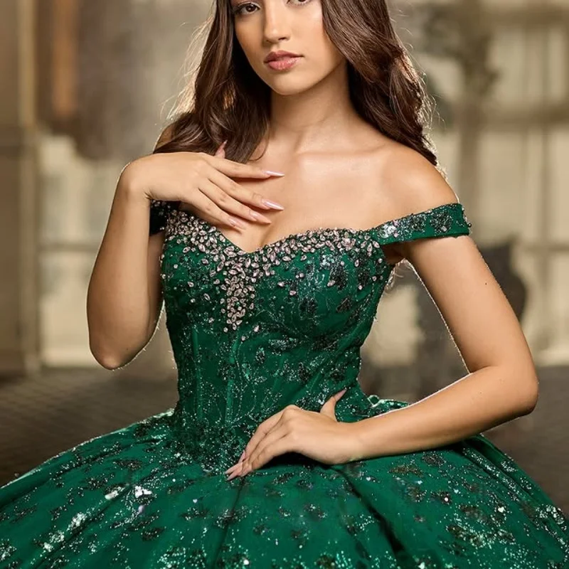 

Блестящее зеленое платье Quinceanera с открытыми плечами и кристаллами, длинный хвост, многослойное платье с бантом, платья de 15, Quinceanera ﻿ Настроить
