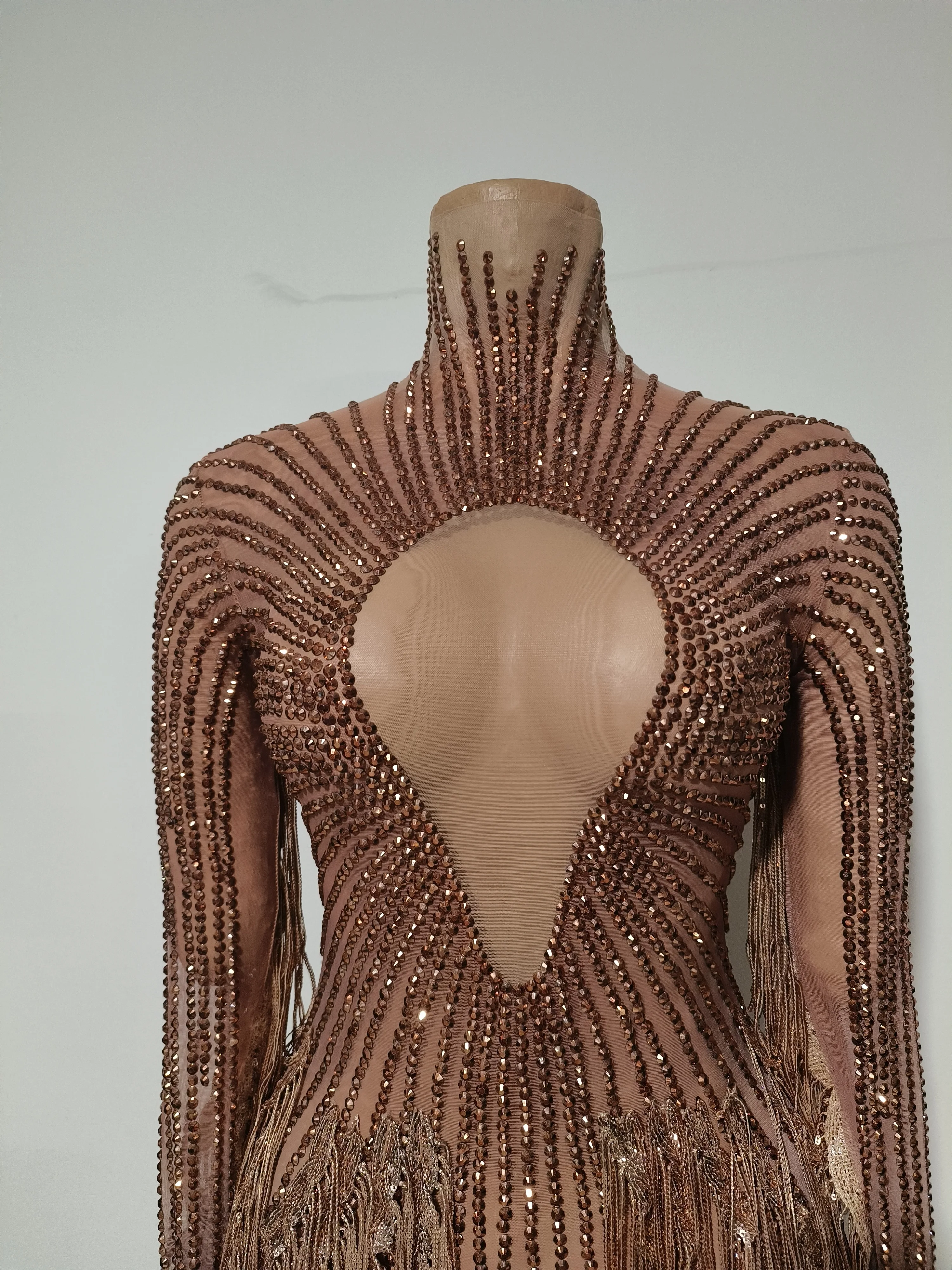 سباركلي حجر الراين الترتر شرابة مثير شبكة طويلة الأكمام فستان شفاف المرأة مساء حفلة عيد ميلاد ملهى ليلي المغني المرحلة الزي #3