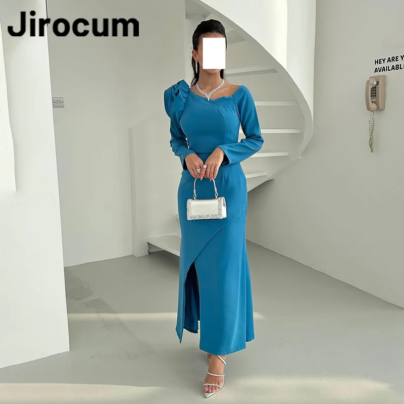 Jirocum Elegant Mermaid Prom Gowns Women's Ruffle Edge Long Sleeve Party Evening Dress Ankle Length Saudi Special Occasion Gown