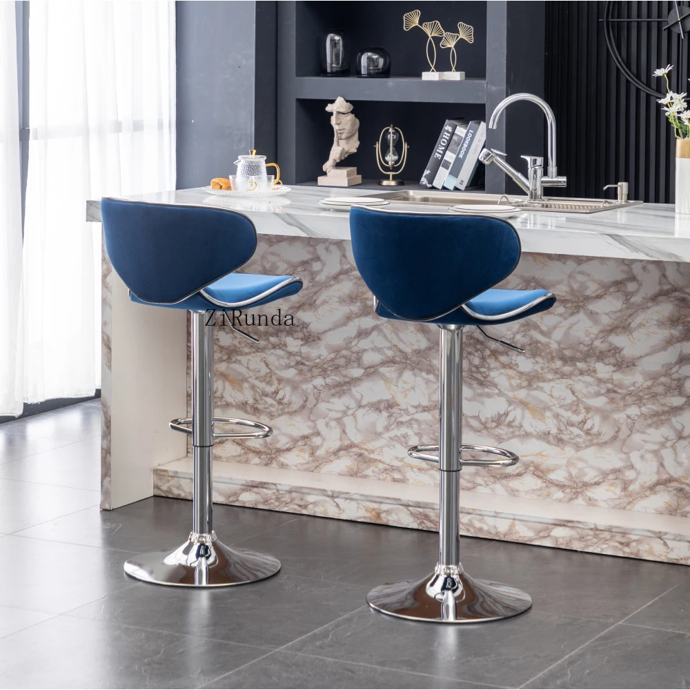 Velvet Upholstered Adjustable Swivel Barstool, Set of 2, Blue