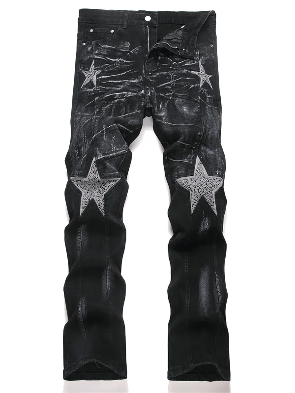 

American High Street Sle Loose Straight Leg Men's Jeans Printed Micro Flared Long Trousers Diamond Heat Transfer Star Pattern