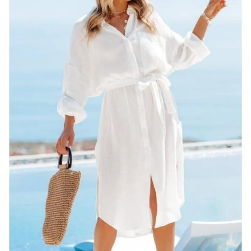 Nowa damska sukienka koszulowa z długim rękawem w jednolitym kolorze, damska odzież chroniąca przed słońcem w jednolitym kolorze, elegancka sukienka do pracy.
