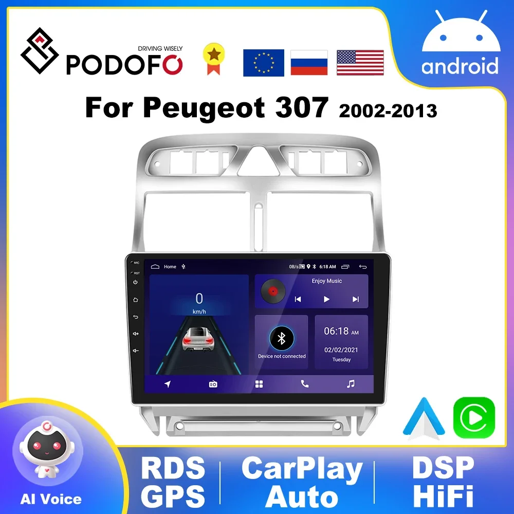 Podofo 4G CarPlay Car Radio Android GPS Navigation For Peugeot 307 307CC 307SW 2004-2013 Multimedia Video Player 2din Stereo