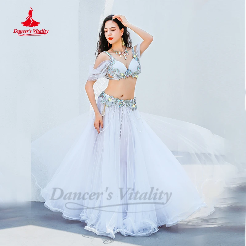 

Belly Dance Performance Costume Senior AB Stones Bra Top+yarn Long Skirt 2pcs Customsized for Women Belly Dancing Popsong Suit