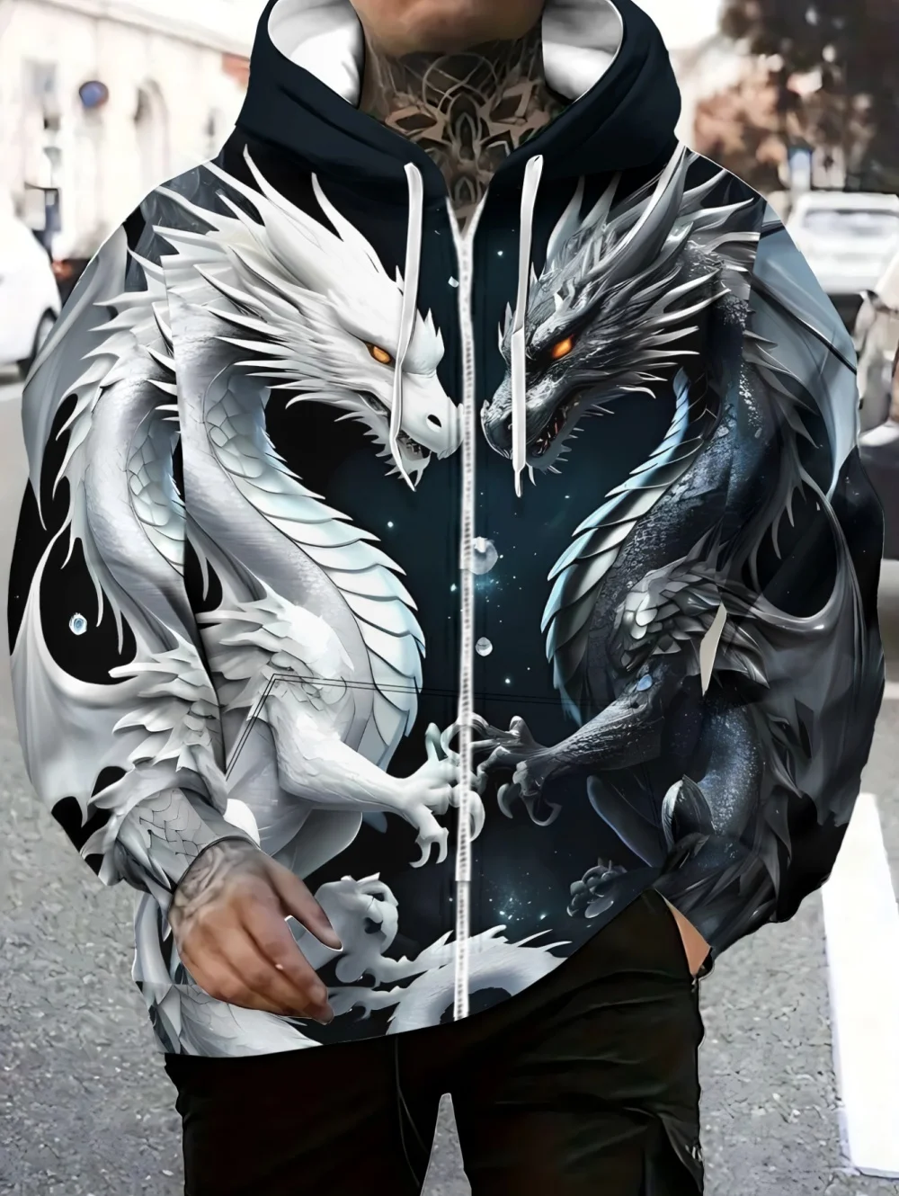 

Vintage Double Dragon Print Zipper Hoodies Fashion Autumn And Winter Coat Daily Casual Men's Sweatshirt Oversize Drawstring Tops