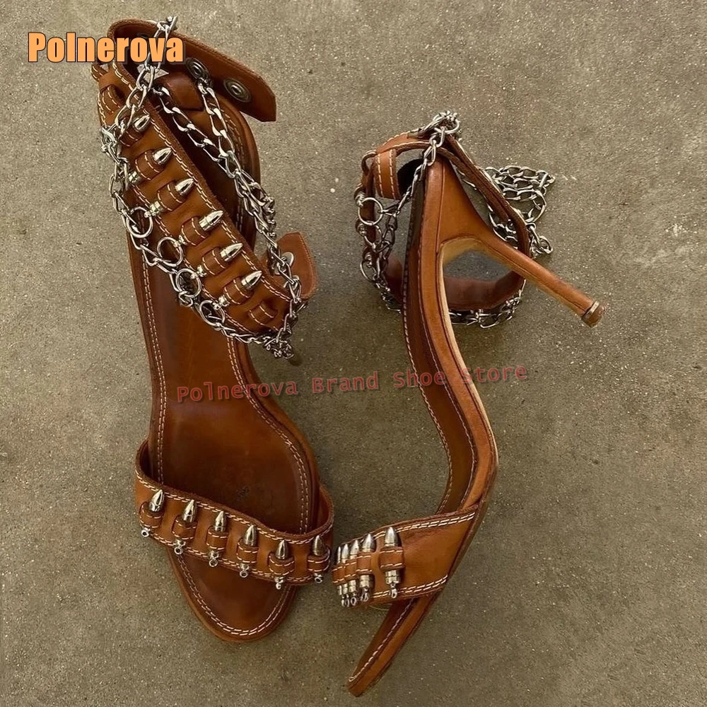 Metal Bullet Cowgirl Retro Sandals 2025 Ladies Elegant Novelty Sandals Open Toe Stiletto Ankle Strap Brown Women Fashion Shoes