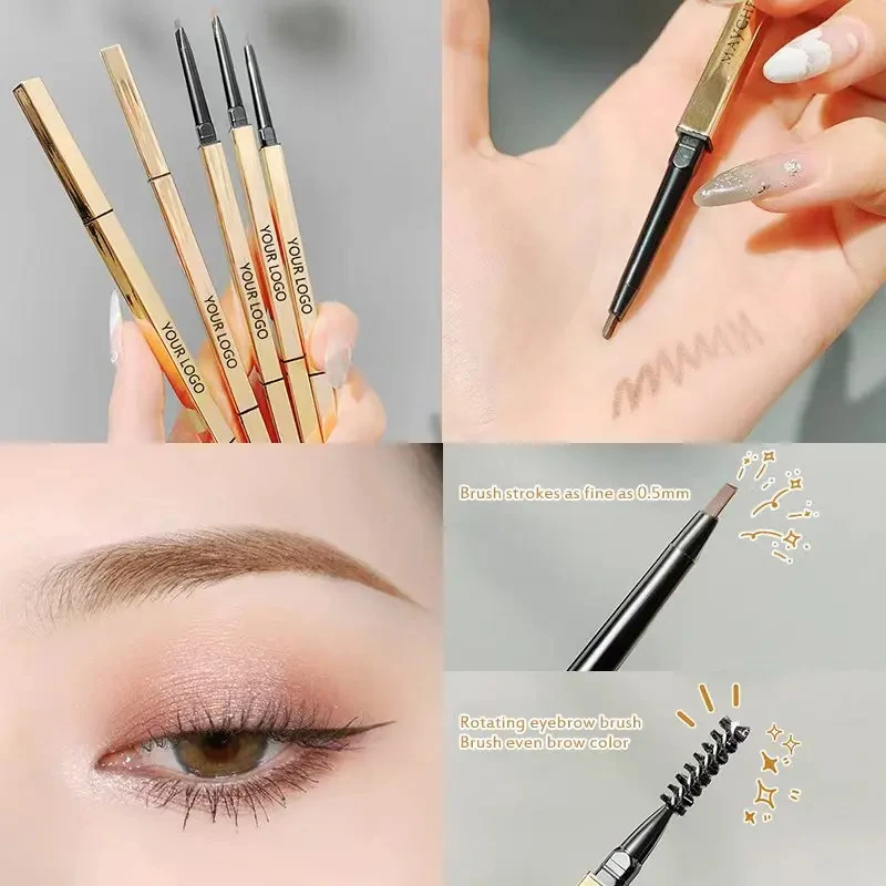 Pennello per matita per sopracciglia in oro con logo personalizzato Penna sottile impermeabile per sopracciglia sottili Etichetta privata Personalizza lo strumento per il trucco della tinta di marca