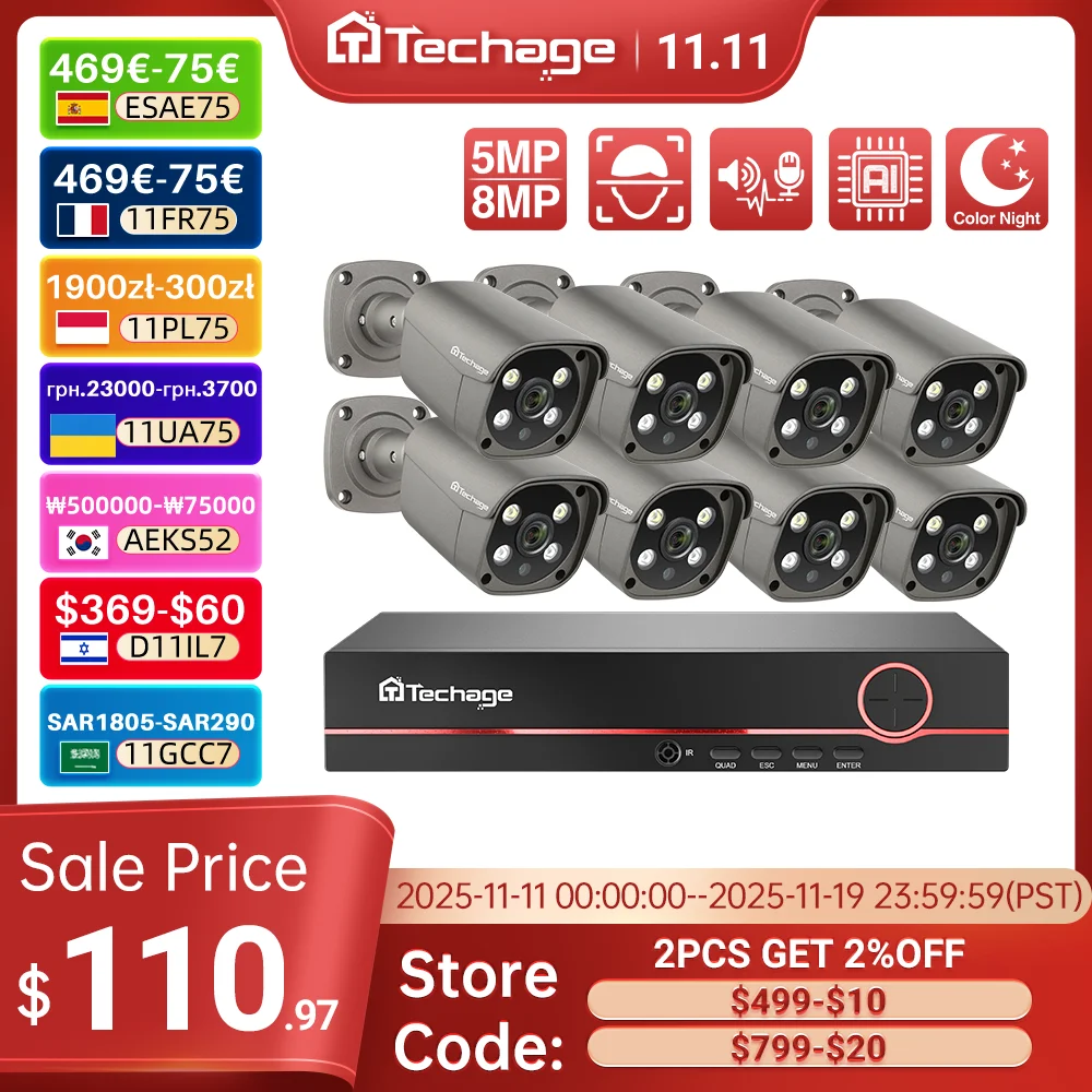 Techage 8CH 5MP 8MP Security Camera System 4K HD POE NVR Kit Two Way Audio Face Detect Outdoor Video Surveillance IP Camera Set