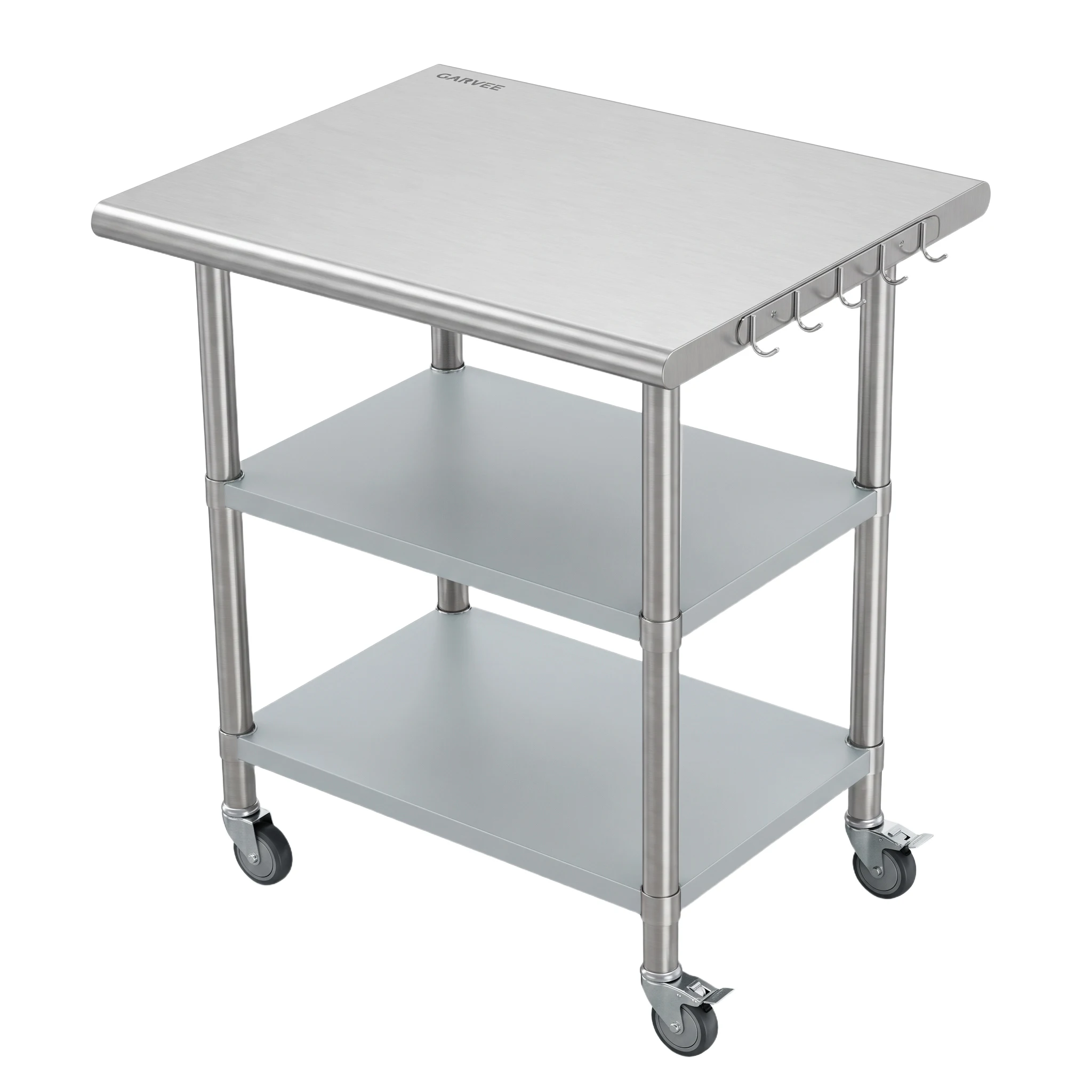 Stainless Steel Prep Table, Commercial  3-Tier Work Table with 2 Under Shelves, Backsplash and Casters, Heavy Duty Mobile Food Prep Station, 720 lb Capacity for Kitchen, Restaurant and Home