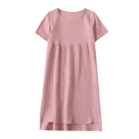 Summer Sleepshirts comfortable solid color cotton gauze long skirt home Nightgowns  women's round neck nightdress thin section - Image 5