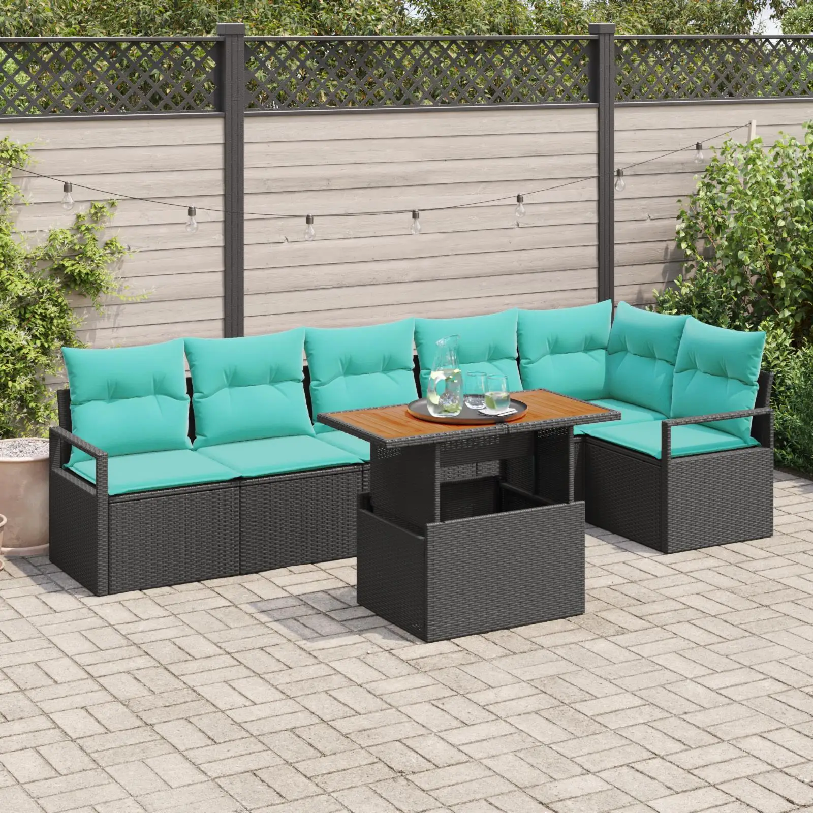 

7 Piece Black Rattan Garden Sofa Set with Cushions Acacia Wood Frame Outdoor Patio Furniture