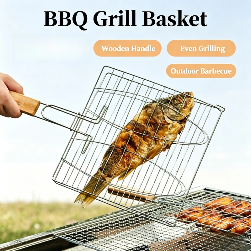 Outdoor Barbecue Tool Accessories with Handle Fish Grill Clip Fish Grilling Net Burger Grill Mesh for BBQ Cooking