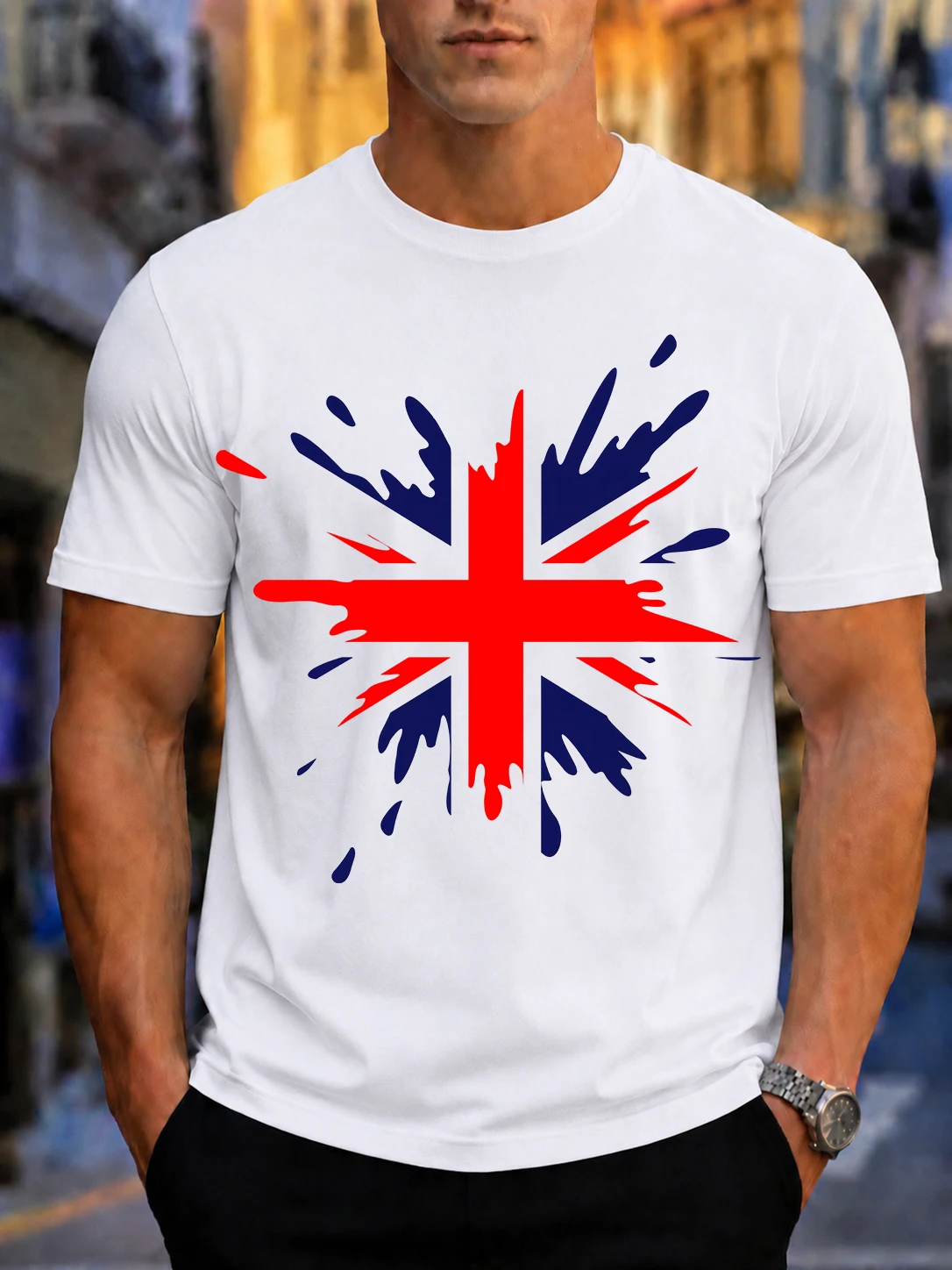 2026 New Arrival Pure Cotton T-Shirt Splash Ink UK Union Jack Flag Print Crew Neck Men Casual Short Sleeve