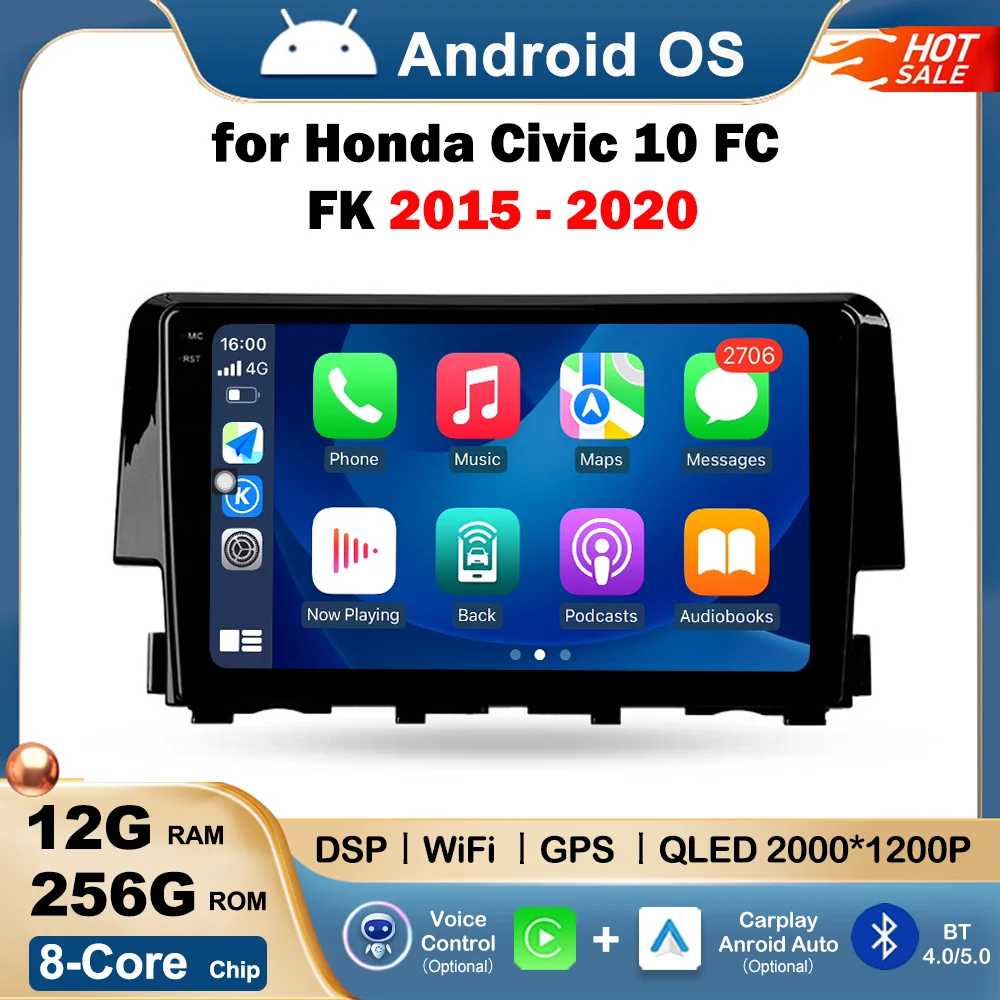 

for Honda Civic 10 FC FK 2015 - 2020 Car Video Mulltmedia Player GPS Navi Android OS Wireless Carplay WiFi DSP Stereo Auto Tools