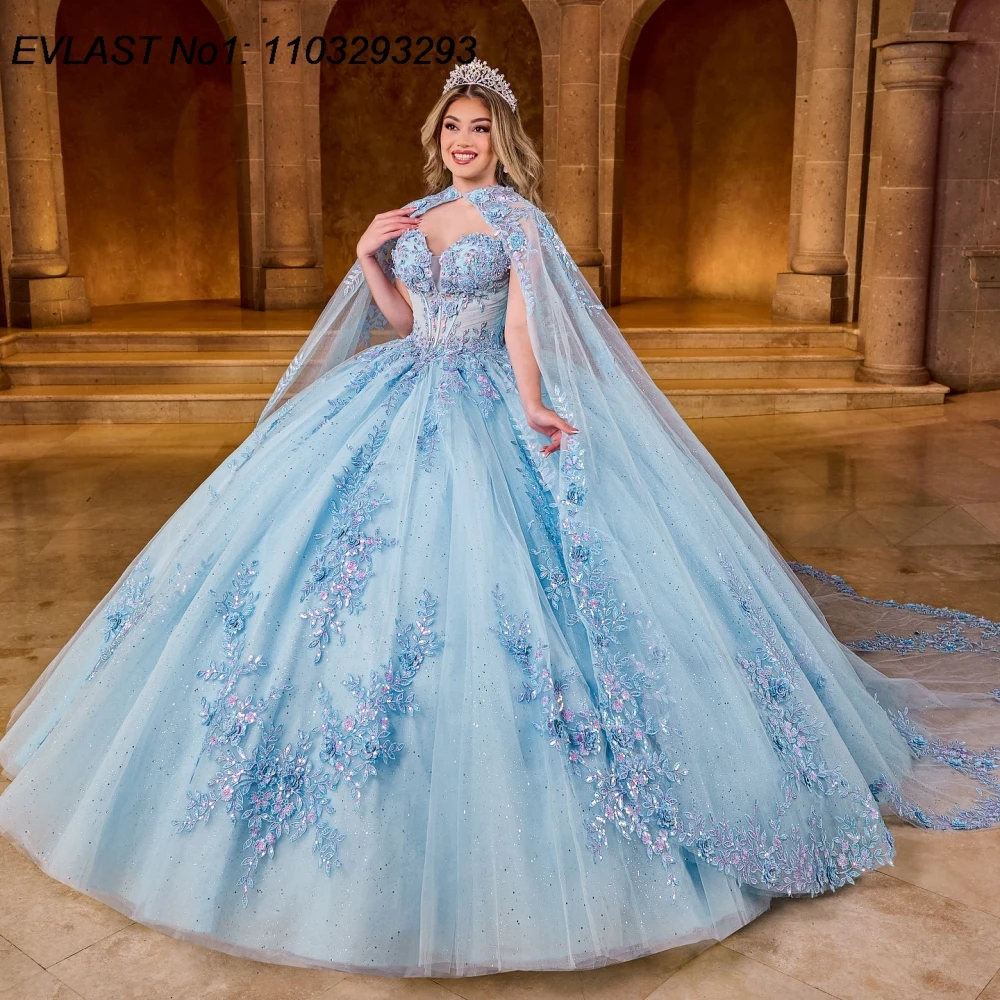 EVLAST Customized Shiny Sky Blue Quinceanera Dress Ball Gown Sequins Applique Beading Cape Sweet 16 Vestido De 15 Anos E1Q202